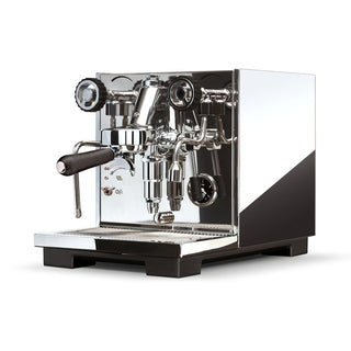 Espresso machine with a metallic finish on a white background