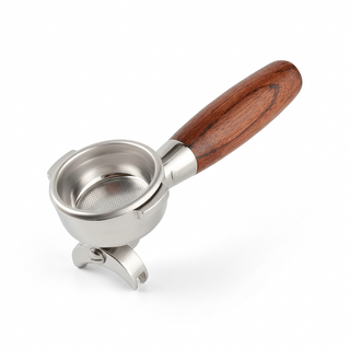 A stainless steel portafilter with a brown wooden handle, shown on a plain white background.