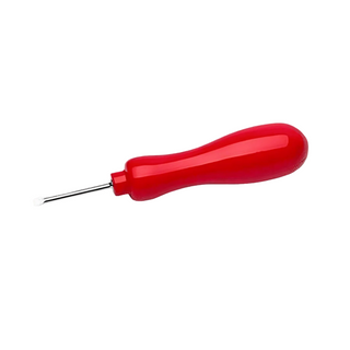 A red plastic and metal tool with a curved handle and a thin metal shaft, shown on a plain white background.
