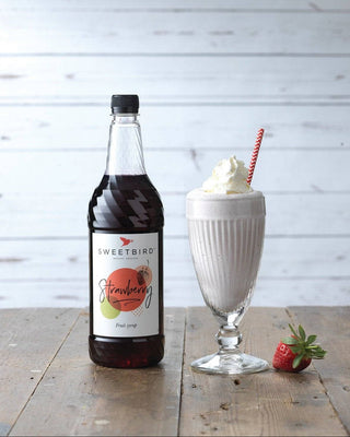 Sweetbird Strawberry Syrup 1 litre PET bottle with Strawberry Milkshake