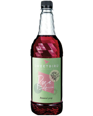 Bottle of Sweetbird Rose botanical syrup on a white background