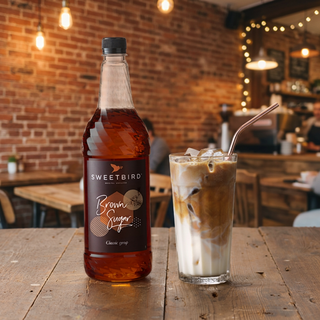 Sweetbird Brown Sugar Syrup and Iced Latte in lifestyle setting