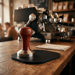 A coffee tamper with a polished brown wooden handle and a silver metal collar, resting on a black rubber pad ain lifestyle setting.