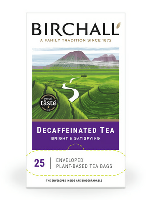 Box of Birchall Decaffeinated Tea, 25 individually enveloped Rainforest Alliance Certified tea bags