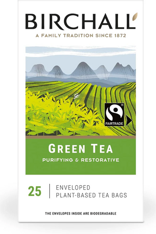 Box of Birchall Green Tea, 25 individually enveloped Fairtrade whole-leaf Chinese green tea bags