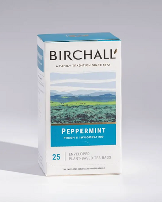 Box of Birchall Peppermint Leaves, 25 individually enveloped caffeine-free herbal tea bags.