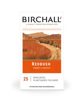Box of Birchall Redbush Tea, 25 individually enveloped caffeine-free South African rooibos tea bags.