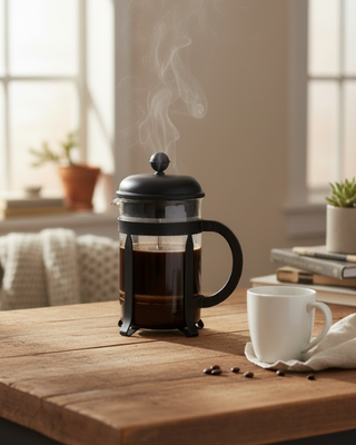 Bodum Java French Press coffee maker, 8 cup 1 litre, black, with borosilicate glass carafe and stainless steel plunger - lifestyle