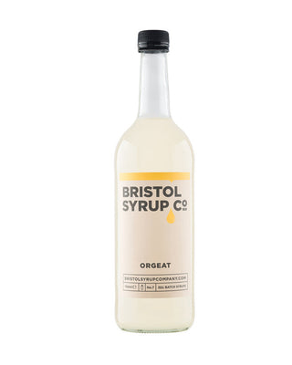 Bottle of Bristol Syrup Co. No.7 Orgeat almond syrup in a 1 litre glass bottle for cocktails, summer coolers and iced coffee