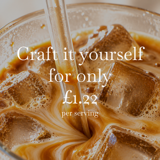 Iced caramel coffee swirling over ice, craft it yourself for £1.22 per serving with The Caramel Latte at Home Starter kit