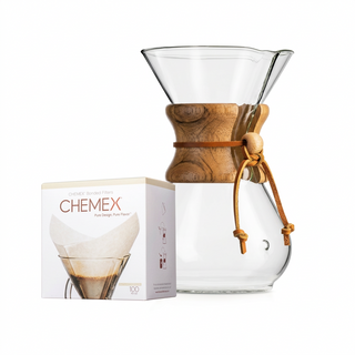 Chemex 6 cup brewer with a box of square filter papers