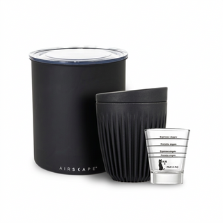 Airscape bean canister, Huskee cup and six Motta graduated glasses gift set