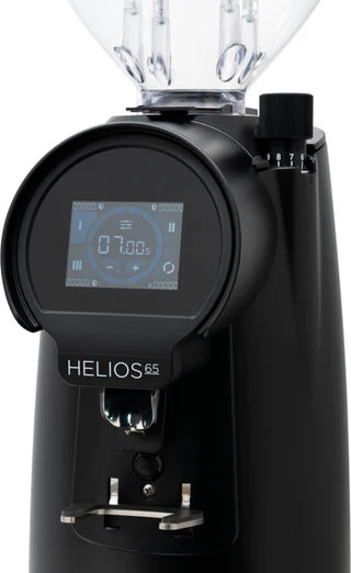 Eureka Helios 65 coffee grinder in black with digital touch display showing dose timer