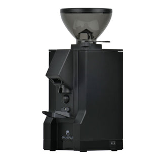 Side view of the Eureka Mignon Manuale coffee grinder in black showing the dosing lever and power switch