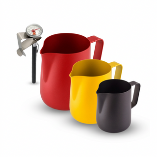 Three Teflon milk jugs in 0.35L, 0.6L and 1L sizes with a clip-on thermometer