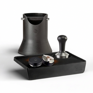 Motta levelling tool, competition tamper, knock box and tamping mat set