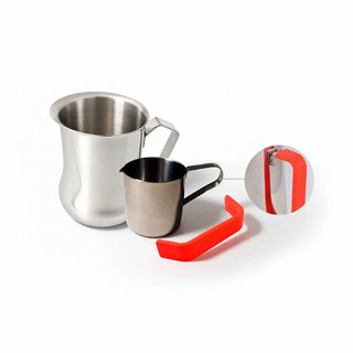 Stainless steel shot pot, 1L belly frothing jug and red silicone sleeve