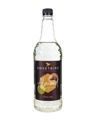 Bottle of Sweetbird Almond Syrup, 1 litre bottle, nut-free Bakewell tart flavour for lattes and hot chocolate