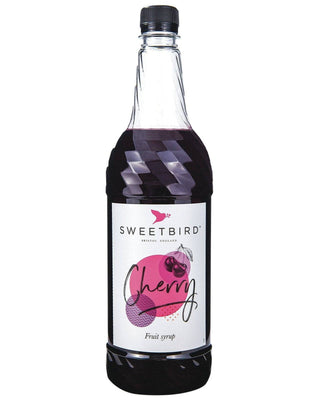 Bottle of Sweetbird Cherry Syrup, 1 litre recyclable bottle, real cherry juice flavour for hot chocolate and sodas