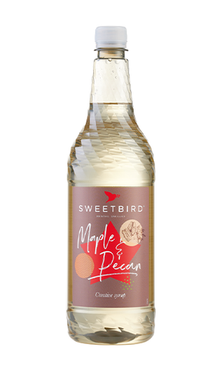 Bottle of Sweetbird Maple & Pecan Syrup, 1 litre bottle, smooth maple and roasted pecan flavour for coffee.

