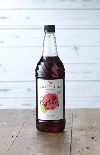 Bottle of Sweetbird Raspberry Syrup, 1 litre PET bottle, for coffee, milkshakes and sodas