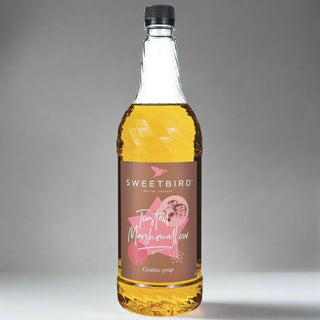 Bottle of Sweetbird Toasted Marshmallow Syrup, 1 litre recyclable bottle, for lattes and hot chocolate