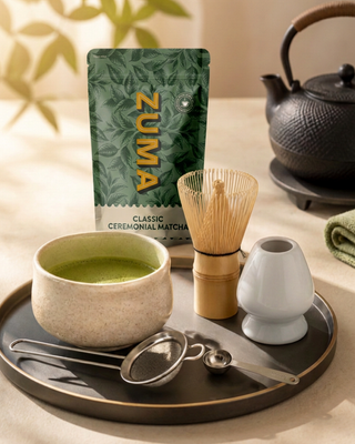 Traditional Ceremonial Matcha Set with Zuma Ceremonial Matcha powder, bamboo whisk, ceramic bowl, sieve and whisk stand and matcha spoon