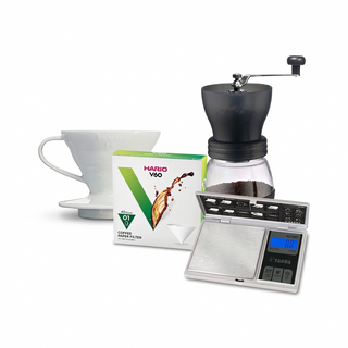 Hario V60 starter kit with ceramic dripper, filters, hand grinder and digital scale